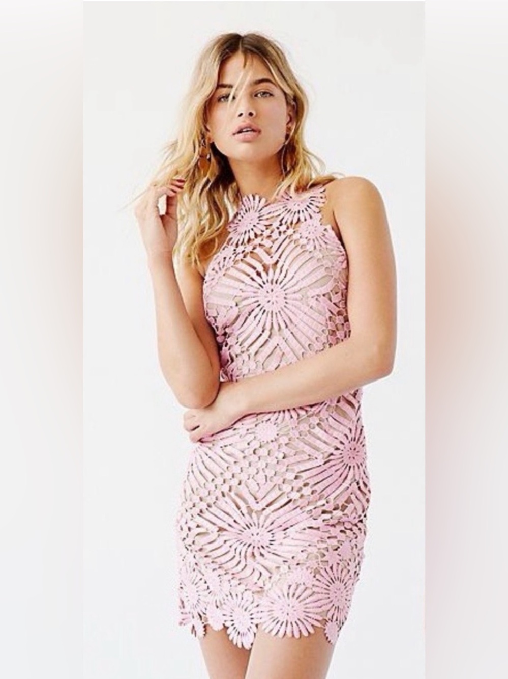 Saylor x Free People Presley Pink Crochet Lace Mini Dress XS Halter Neck Floral